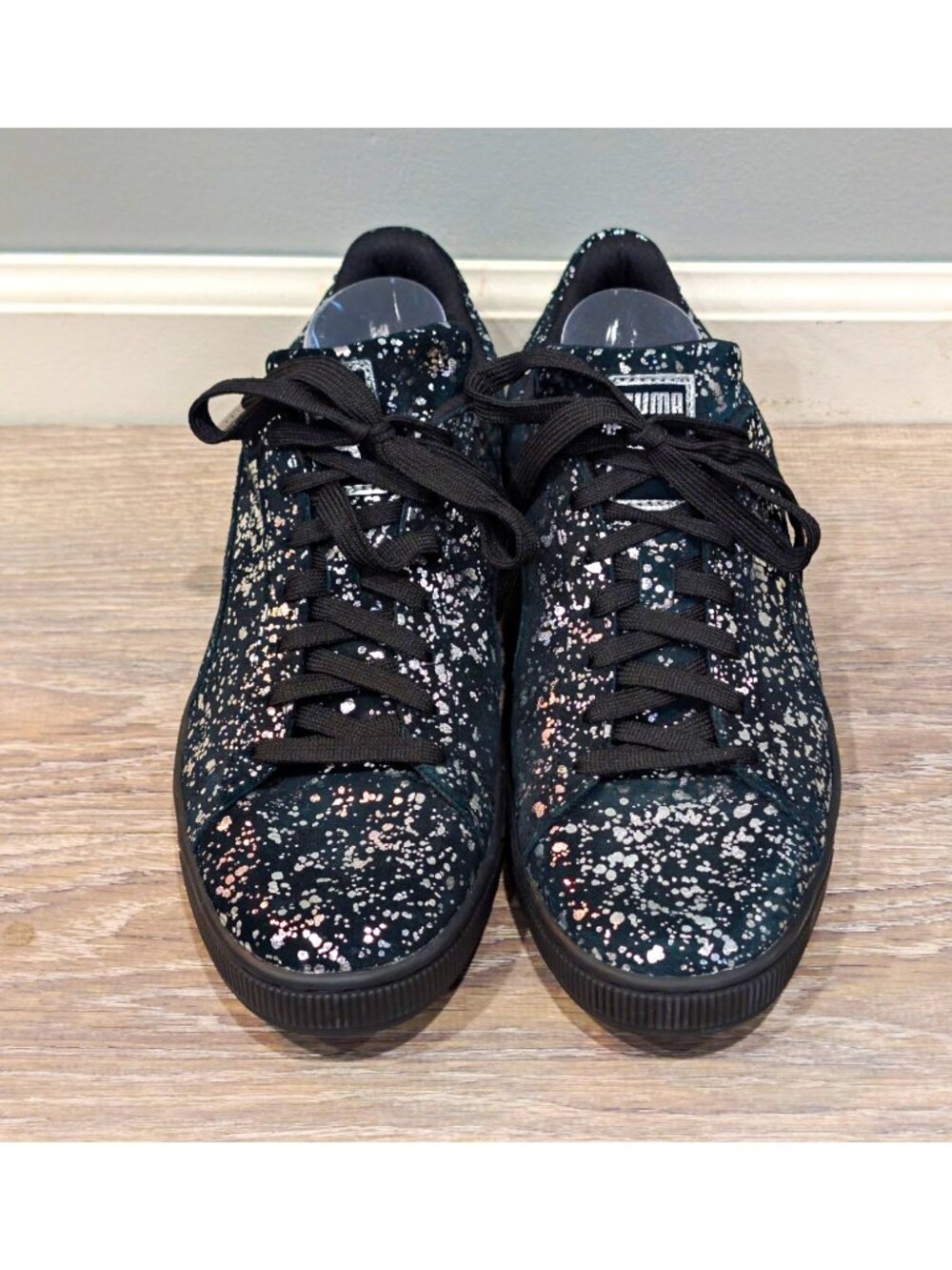 PUMA Suede Men's Lace Up Low Top Sneakers Black Silver Speckled Size 12 Splatter